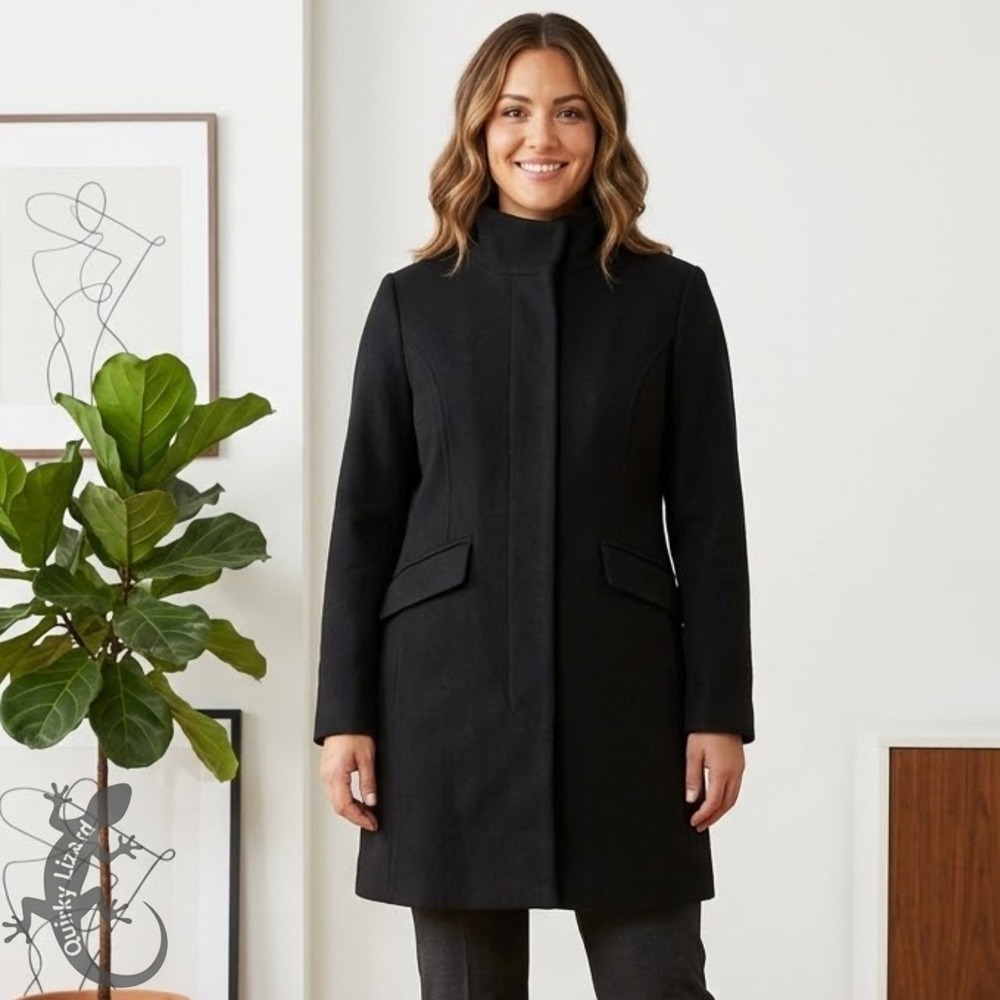 Nine West Funnel Neck Coat M Black Long Sleeve Structured‎ Minimalist Outerwear